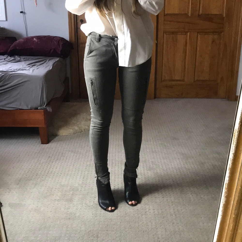Olive green zippered ankle moto pants
